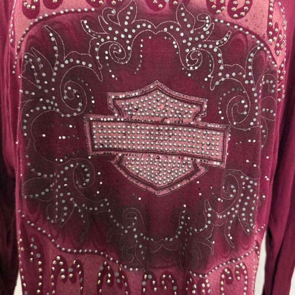 Harley-Davidson Rhinestone Embellished Burgundy 3/4 Sleeve Top Small HDW0916-T14 - Picture 3 of 8